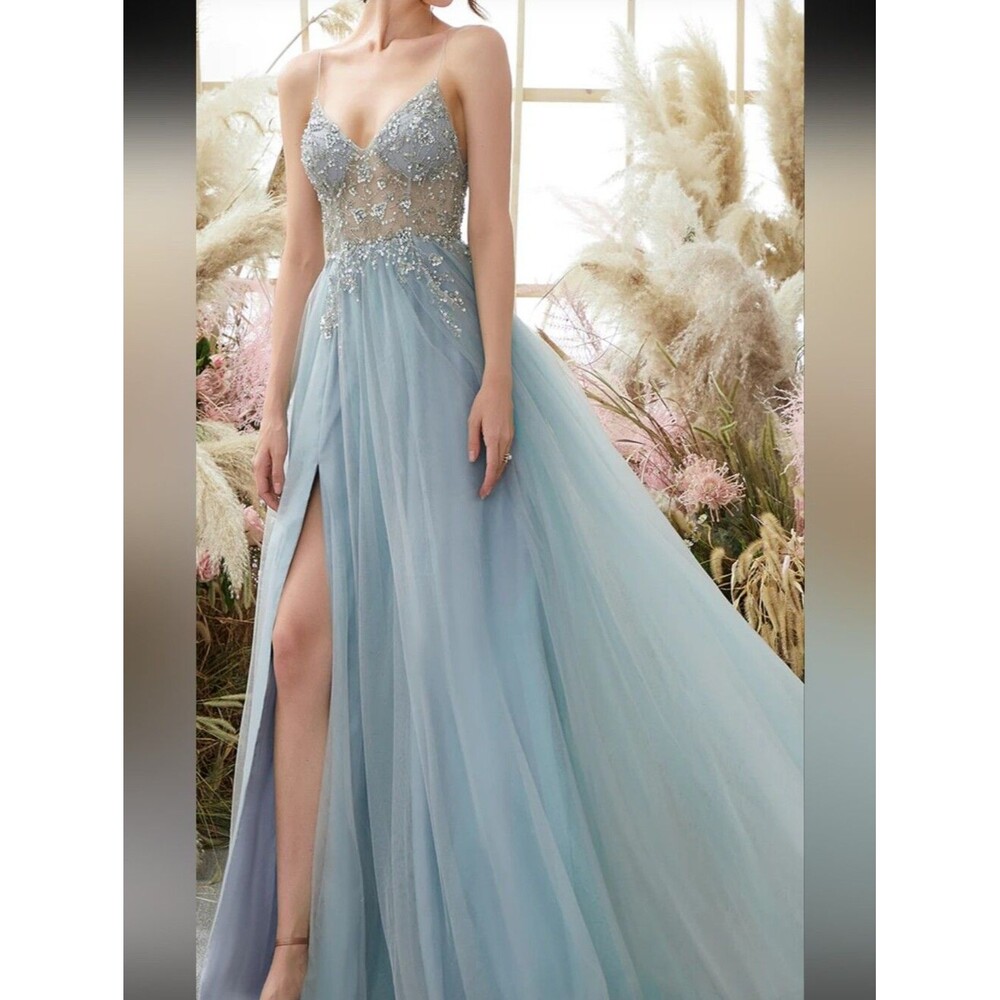 Light Blue A Line Spaghetti Straps Beaded Open Back Tulle Long Prom Dress